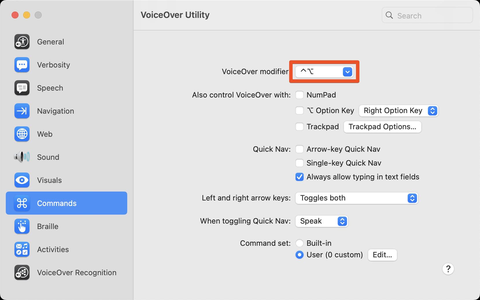 Screenshot: Setting VoiceOver modifier key in VoiceOver Utility.