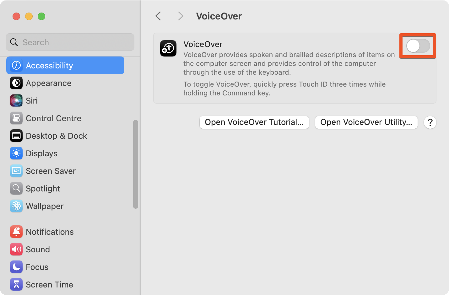 Screenshot: Starting VoiceOver from System Settings.