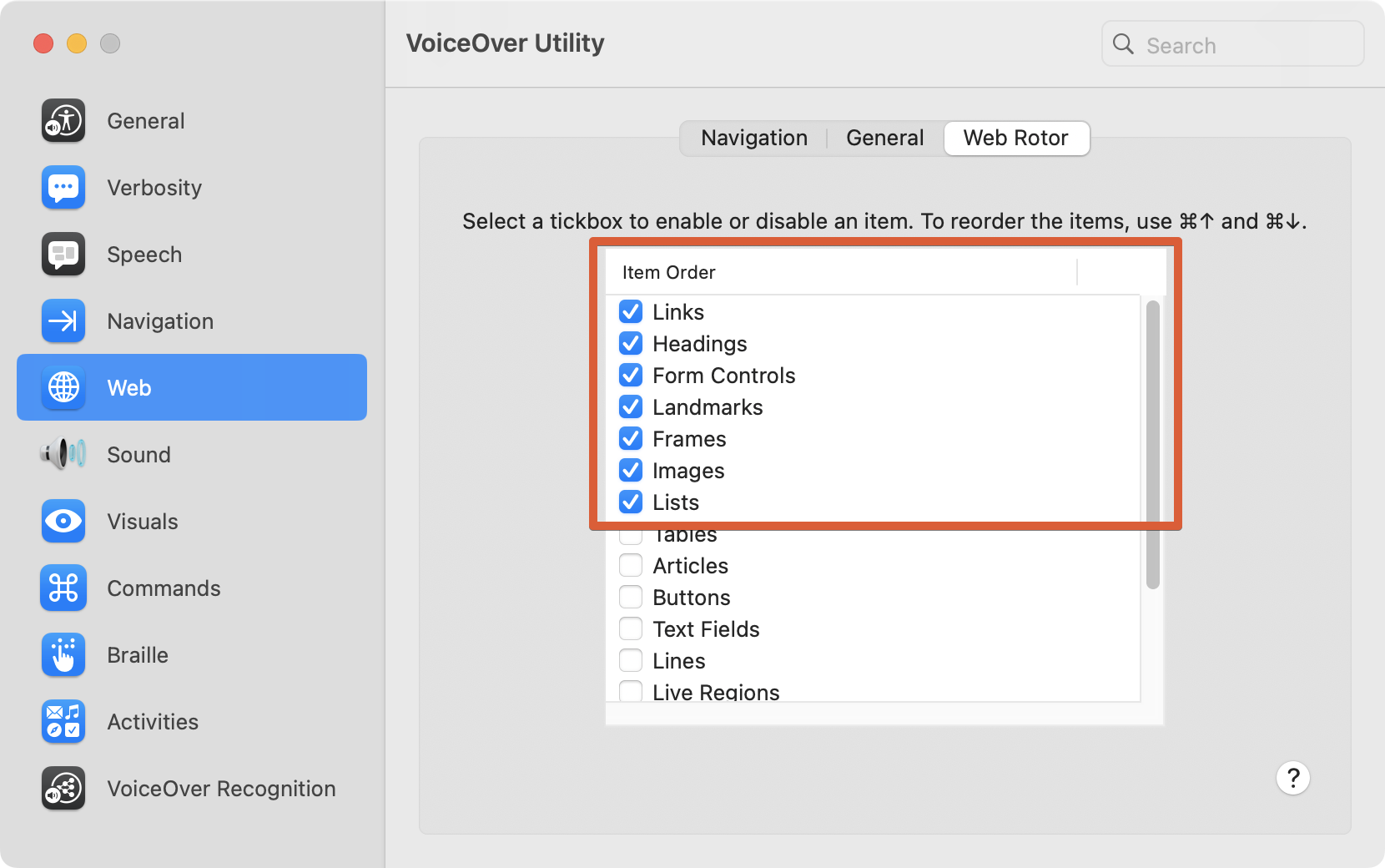 Screenshot: Rotor settings in VoiceOver Utility.