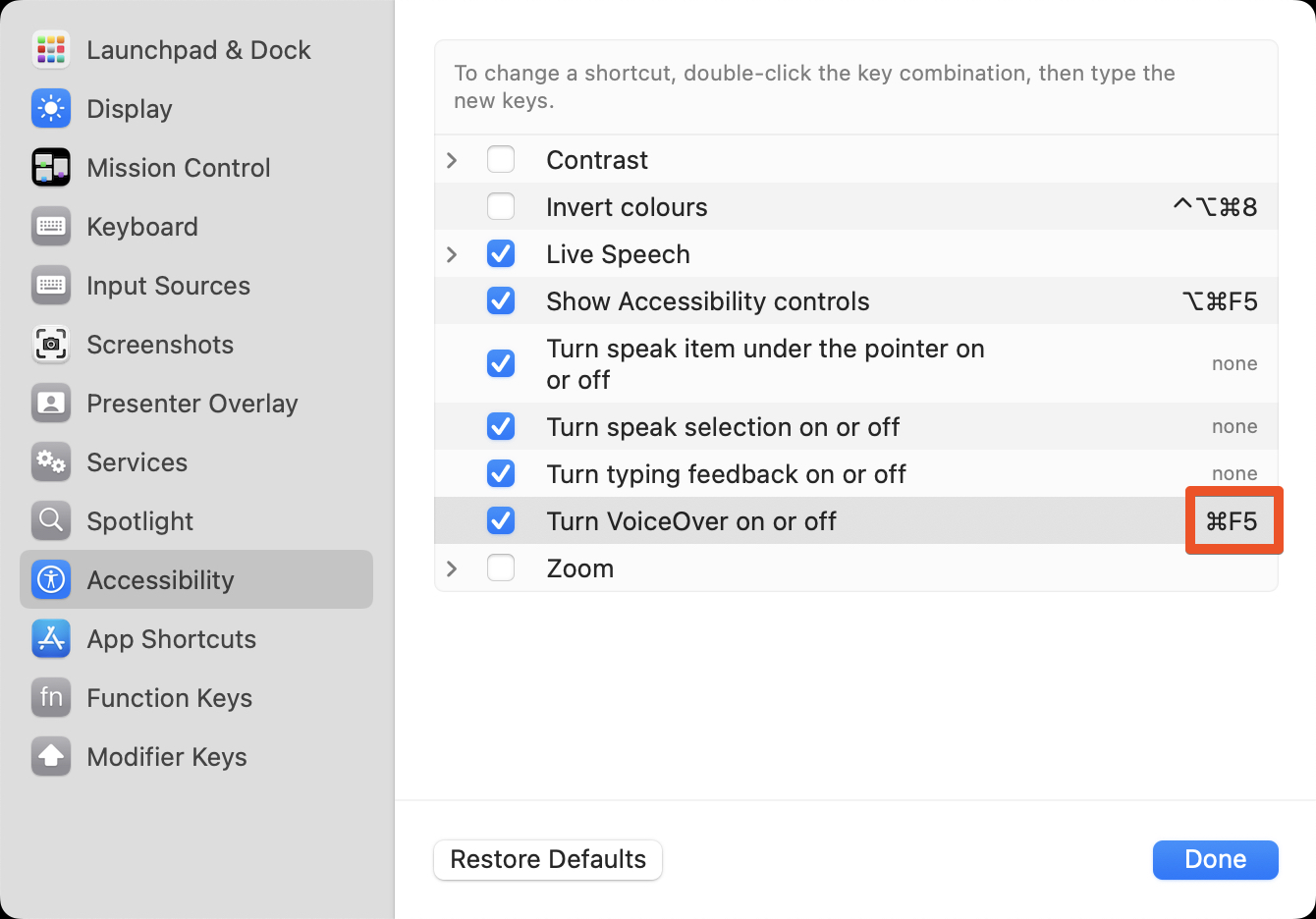 Screenshot: Setting VoiceOver shortcut in Keyboard settings.